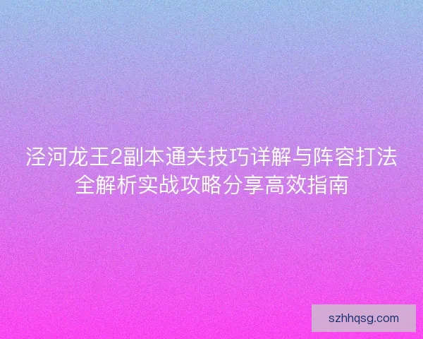 泾河龙王2副本通关技巧详解与阵容打法全解析实战攻略分享高效指南